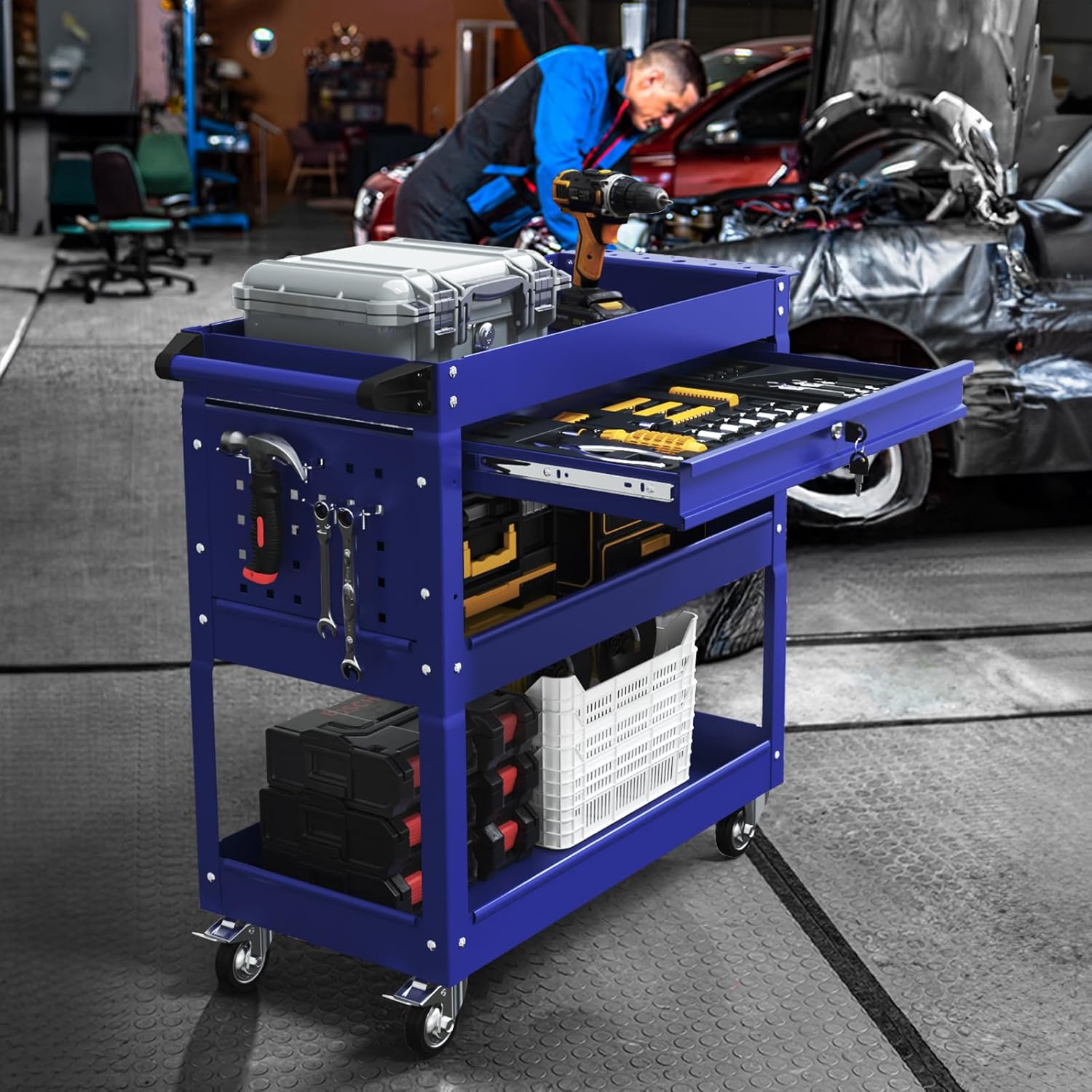 3-Tier Rolling Utility Cart, Metal Heavy Duty Utility Cart on Wheels with Lockable, 330 lb. Load Large Storage Capability Tool Cart for Garage, Warehouse, Repair Shop（Blue）