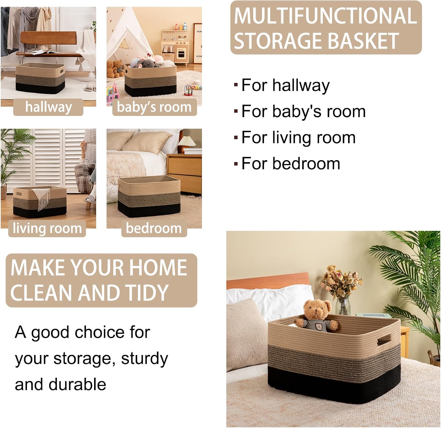 OIAHOMY 108L Large Cotton Rope Basket, Rectangle Woven Baskets for Storage, Nursery Blanket Storage Living Room, Toy Basket With Handle-25”x16”x16”-Yellow Black