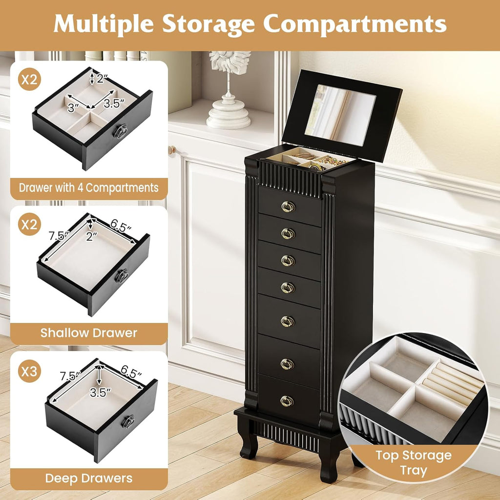 Giantex Standing Jewelry Cabinet with 7 Drawers, Flip-Top Mirror, 2 Side Doors with 12 Necklace Hooks, Divided Ring Compartments, Velvet-Lined Jewelry Armoire Organizer Chest (Black)