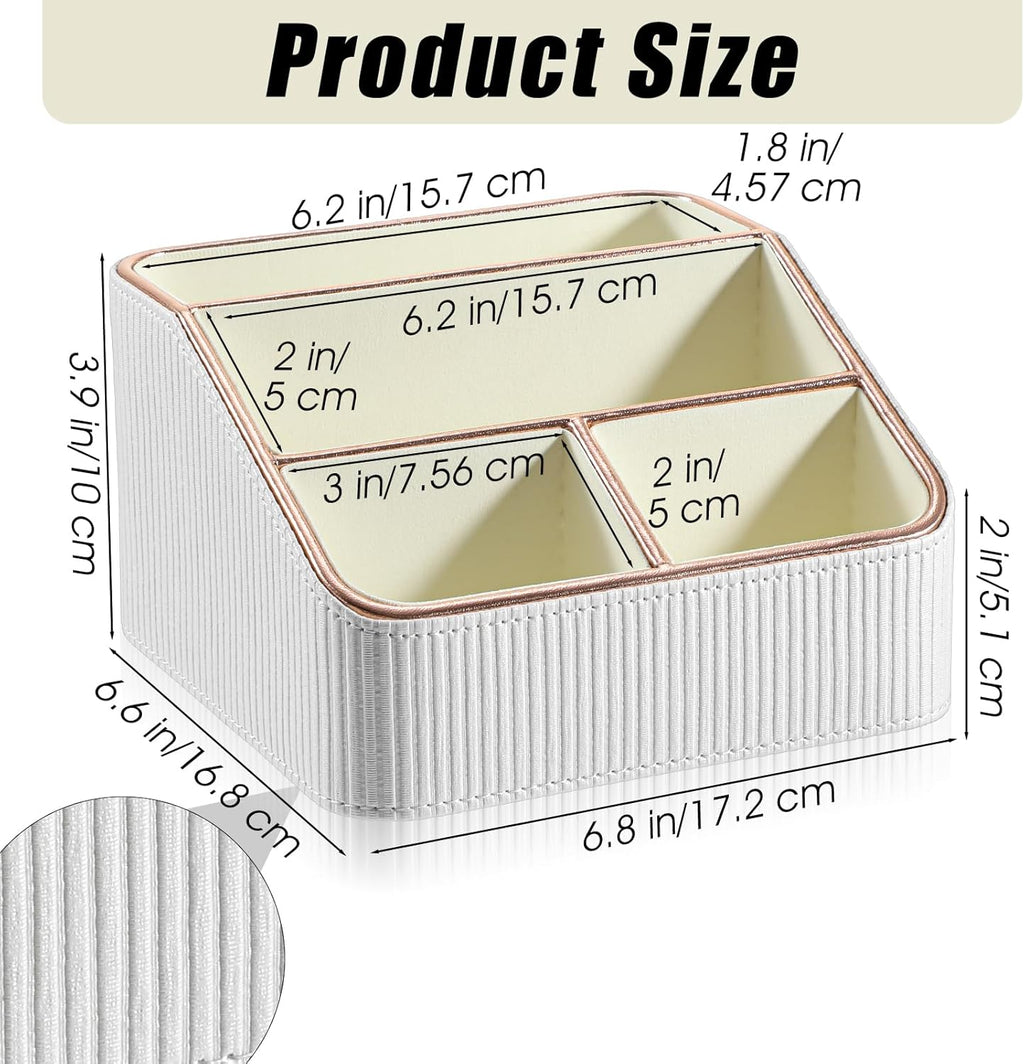 1 Pieces Remote Control Holder with 4 Compartments, PU Leather Small Nightstand Organizer for Home Desk Accessories Office Supplies, Multifunctional Stylish Small Bedside Desktop Organizers (White)