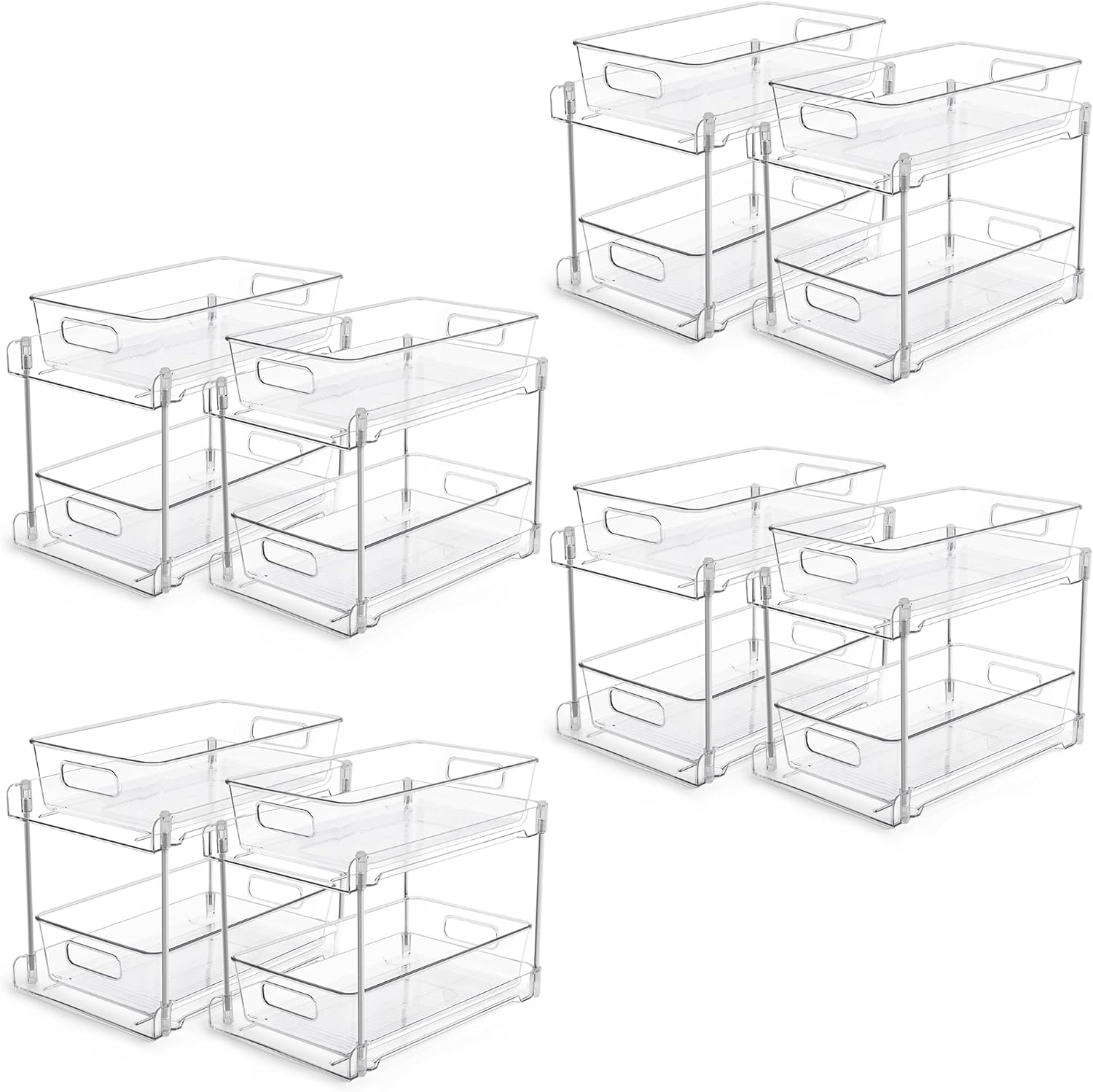 Vtopmart 8 Pack Bathroom Organizer, 2 Tier Clear Under Sink Organizers Vanity Countertop Storage Container,Cabinet Drawers Bins, Pull-Out Organization with Track for Pantry, Kitchen