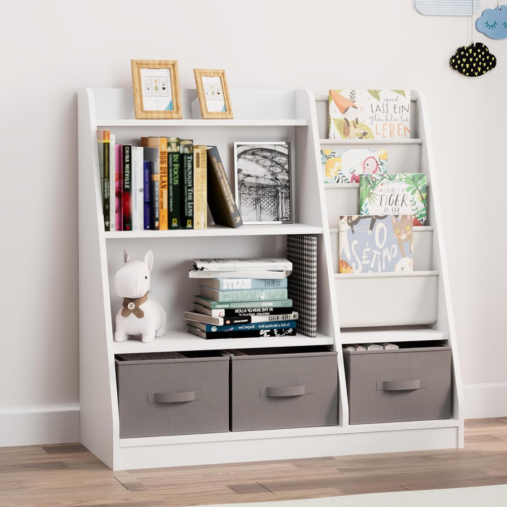 White Kids Bookshelf Wood Montessori Toy Storage Organizer Cabinet Shelf Child Bookcase Toddler Baby Sling Book Rack 3 Cube Bin Fabric Drawers for Playroom Bedroom Nursery School