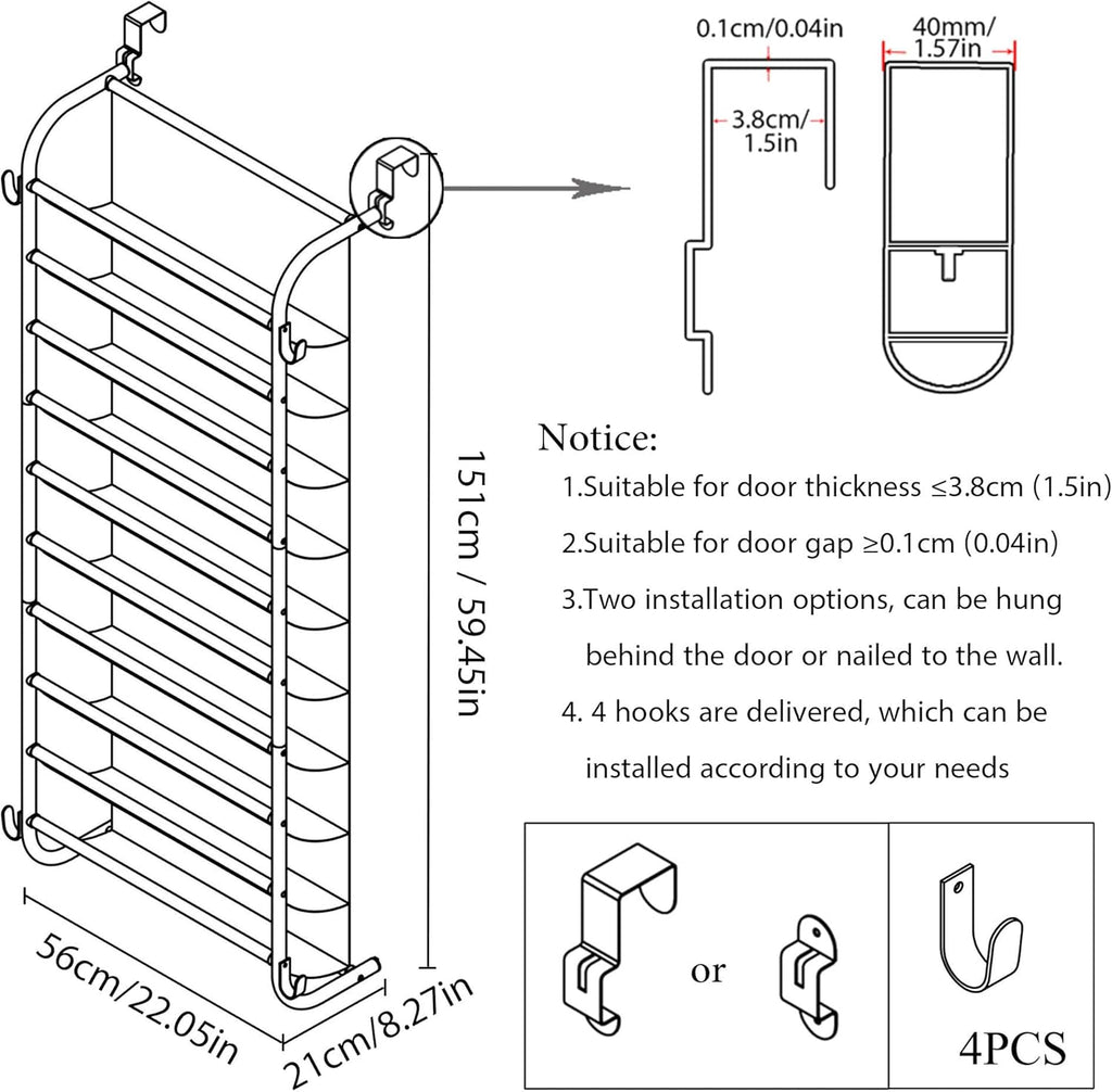 10 Tier Shoe rack Hanging Shoe Storage the door shoe rack for Closet Pantry Over The Door Shoe Organizer Wall Floating Shelves (Gray, 10 Tier)