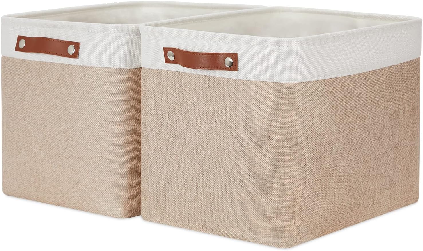HNZIGE Fabric Storage Baskets for Organizing [2 Pack] Large Canvas Rectangular Storage Bins for shelves 16" X 11.8" X 11.8" Clothes Baskets Collapsible Bins for Closet Linen Organizers (Beige&White)