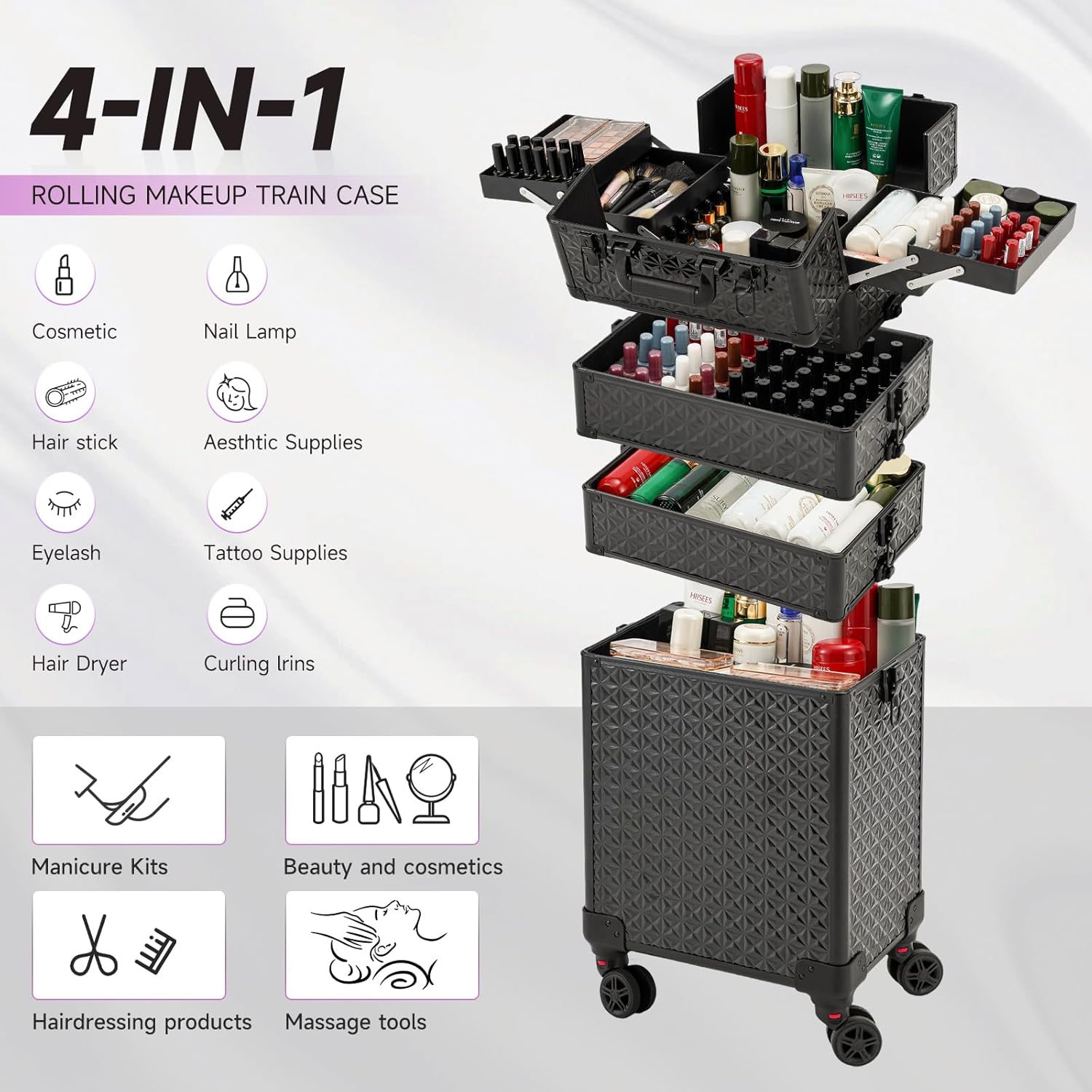 Leeora&Leekoo Portable Multi-Storey Nail Case for Nail Tech Organizer - Wheels Makeup Case Organizer, Cosmetic Case, Makeup Train Case, Make Up Case (Black)