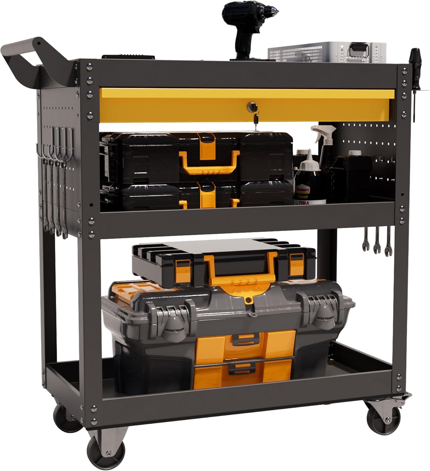 3 Tier Heavy Duty Rolling Tool Cart on Wheels with Drawer & Pegboard, 420Lbs Capacity Mobile Garage Storage Organizer Cart for Mechanics, Workshop
