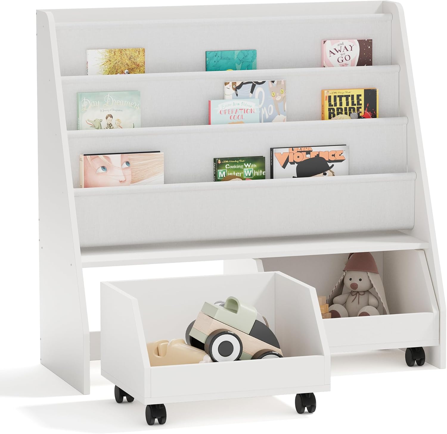 Kids Bookshelf with Two Movable Drawers Toddler Bookcase with Toy Storage Organizer Child Sling Book Rack Baby Cabinet Chest with Wheels for Nursery,Playroom,Bedroom,Living Room,Classroom