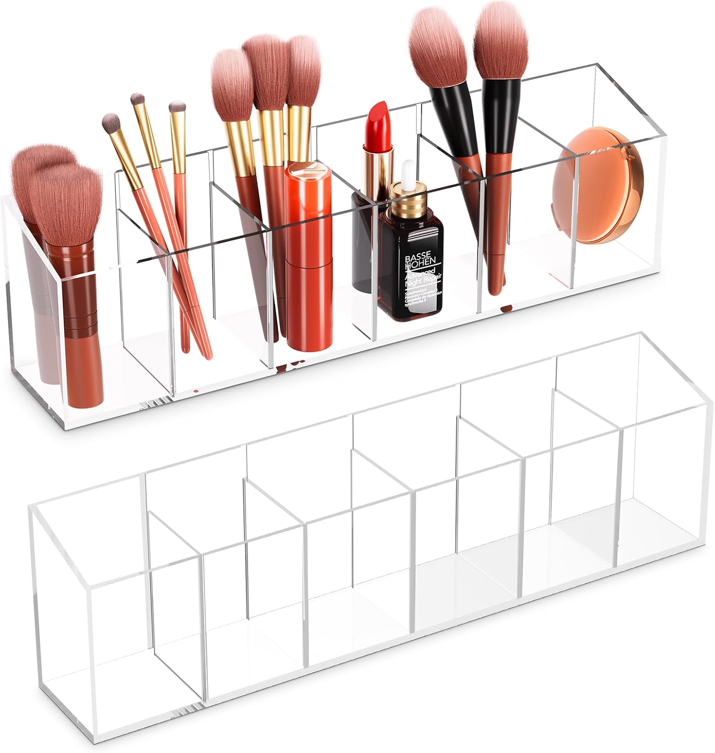 Acrylic 6-Compartment Makeup Organizer 2PCS, Transparent Plastic Makeup Brush Holder, Perfect Bathroom Vanity Storage Solution for Makeup Brushes, Eyebrow Pencils, and More