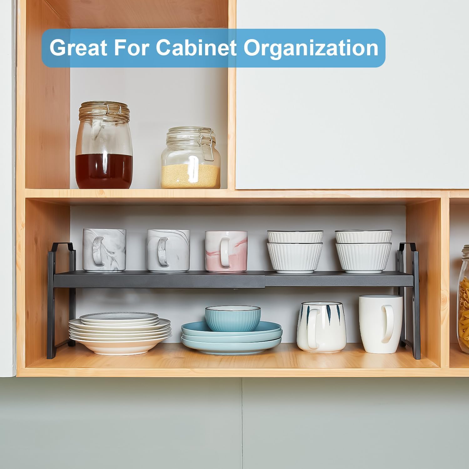 1 Pack Expandable Cabinet Countertop Shelves, Stackable Shelves Organizers for Kitchen Cabinet Countertop Storage, Adjustable Counter Cupboard Pantry Organizer Shelf Rack Stand, Length:25.5"