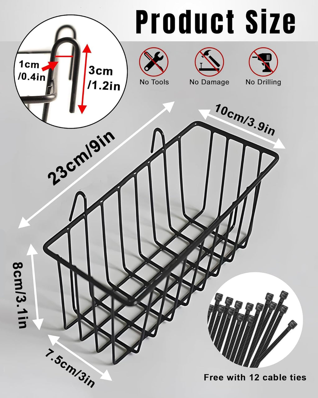 10 PCS Black Wire Baskets, No Drilling, Hanging Wire Basket for Wall Grid Panel Organizing, Grid Wall Accessory