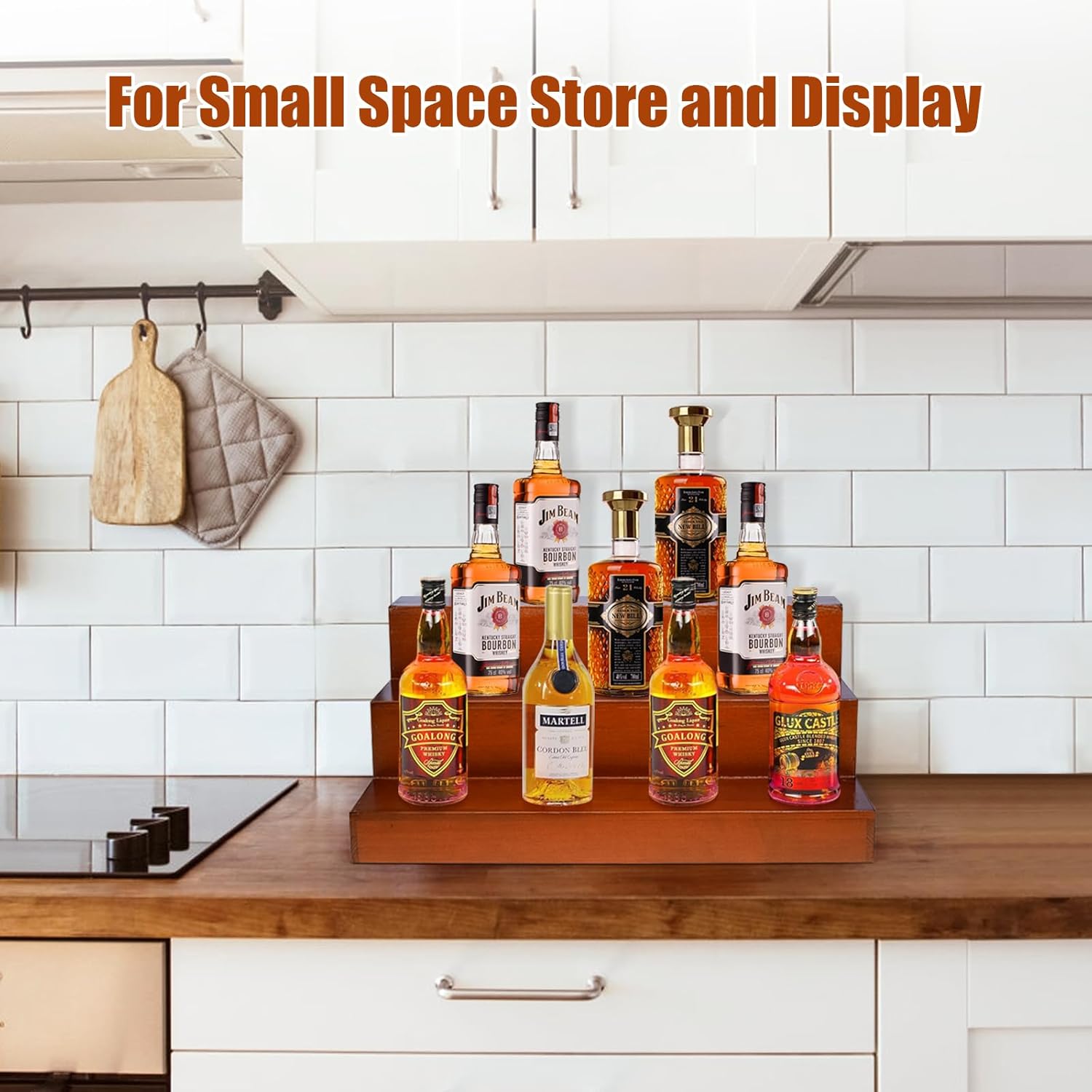 Liquor Bar Bottle Display Shelf, 3 Tier Solid Wood Liquor Bottle Stand, Bar Liquor Shelves for Home, Bar, Kitchen