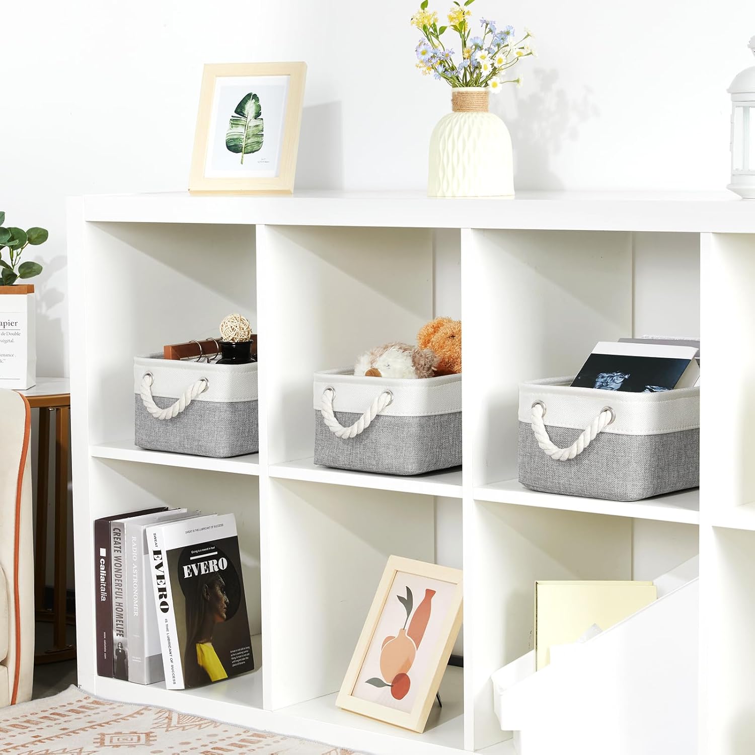 Bidtakay Small Baskets Fabric Storage Baskets for Organizing 3-Pack 12x8x5 Inch Collapsible Storage Bins for Shelves Canvas Bins for Closet Organization Home Baskets Storage Linen Closet S-White&Grey