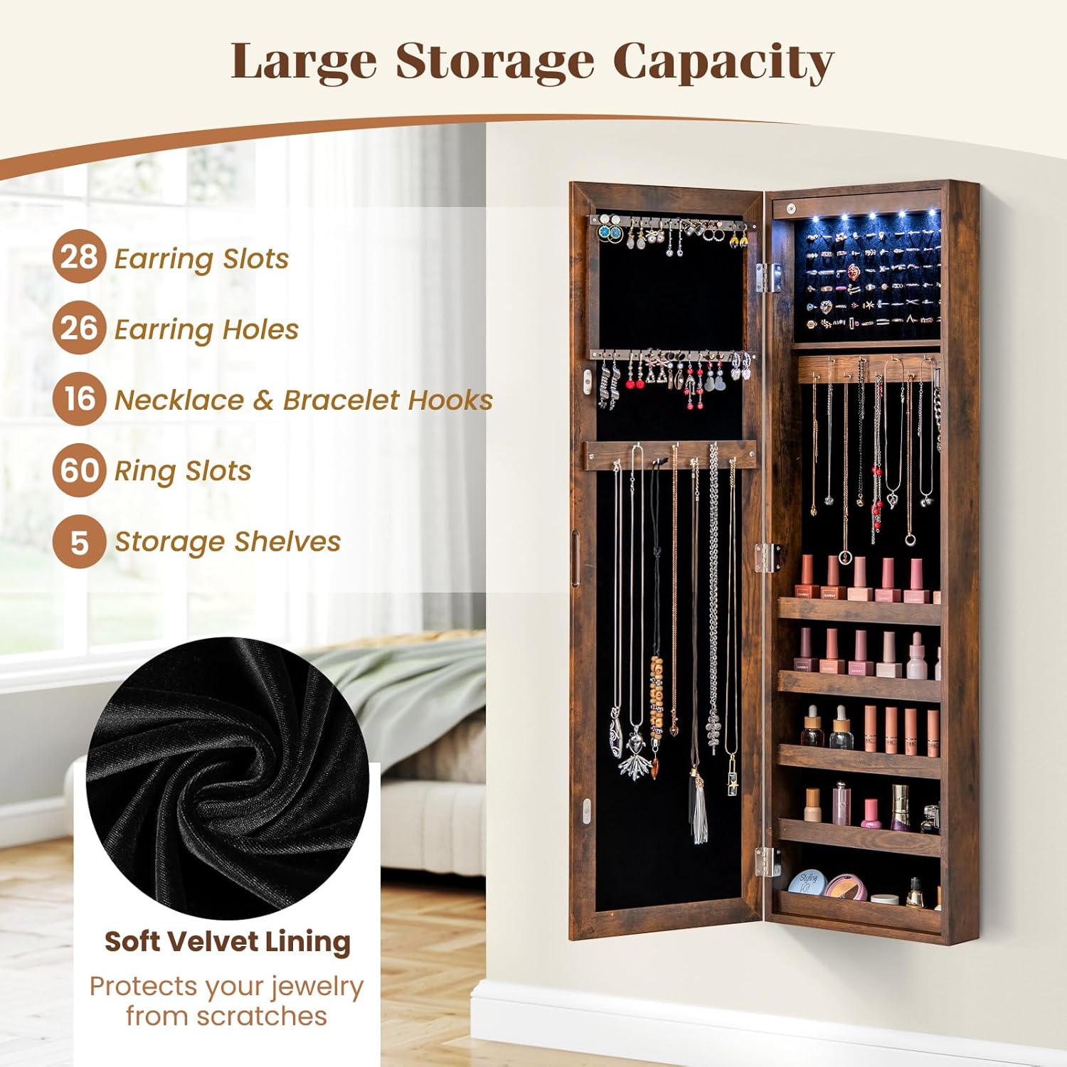 5 LEDs Mirrored Jewelry Cabinet Wall Mounted or Door Hanging, 42” Jewelry Box Armoire with Full Length Mirror, 2 Drawers & Shelves, Over the Door Jewelry organizers and Storage (Rustic Brown)