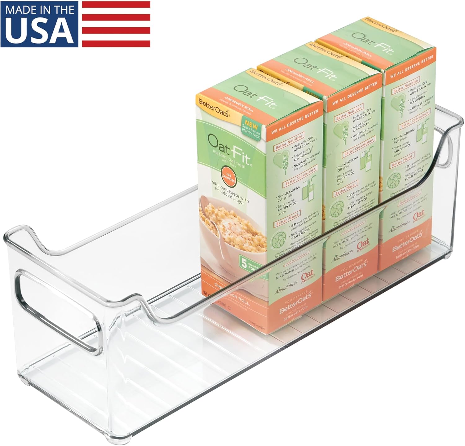 InterDesign iDesign Stackable Plastic Pantry Bin with Handles for Cabinets or Fridge, Clear, Made in USA (Pack of 4)