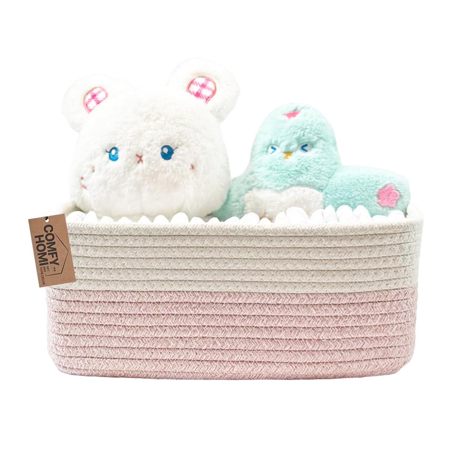 COMFY-HOMI 11.5"x7.5"x4.7" Storage Baskets for Organizing | Cotton Rope Woven Basket | Toy Storage Bin Box | Basket for Shelves, Closet Organizer Bin, Decorative Closet Shelf, 1 Pack white/pink