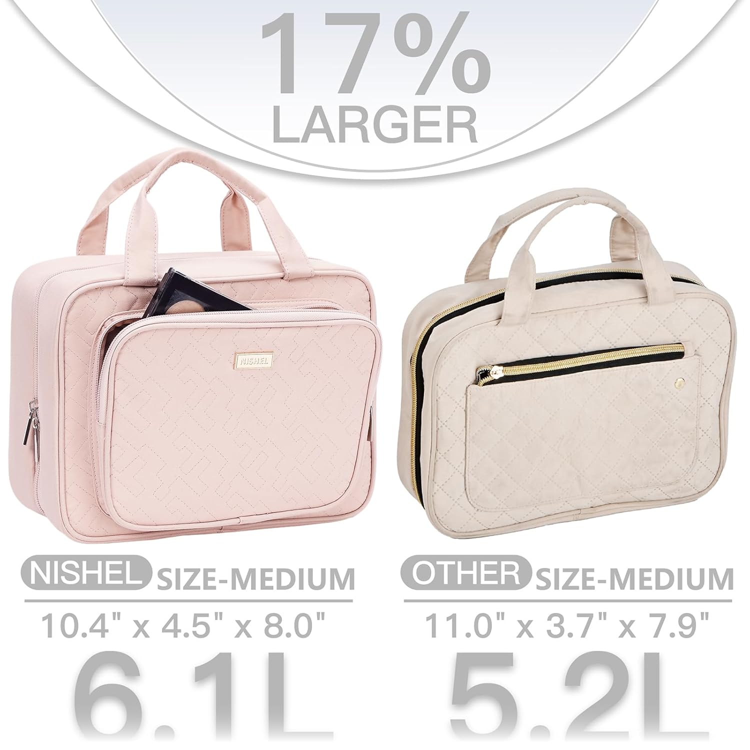 NISHEL Travel Toiletry Bag for Women, Makeup Essentials Organizer, Hanging Case for Accessories, Cosmetics, Medium Size, Pink