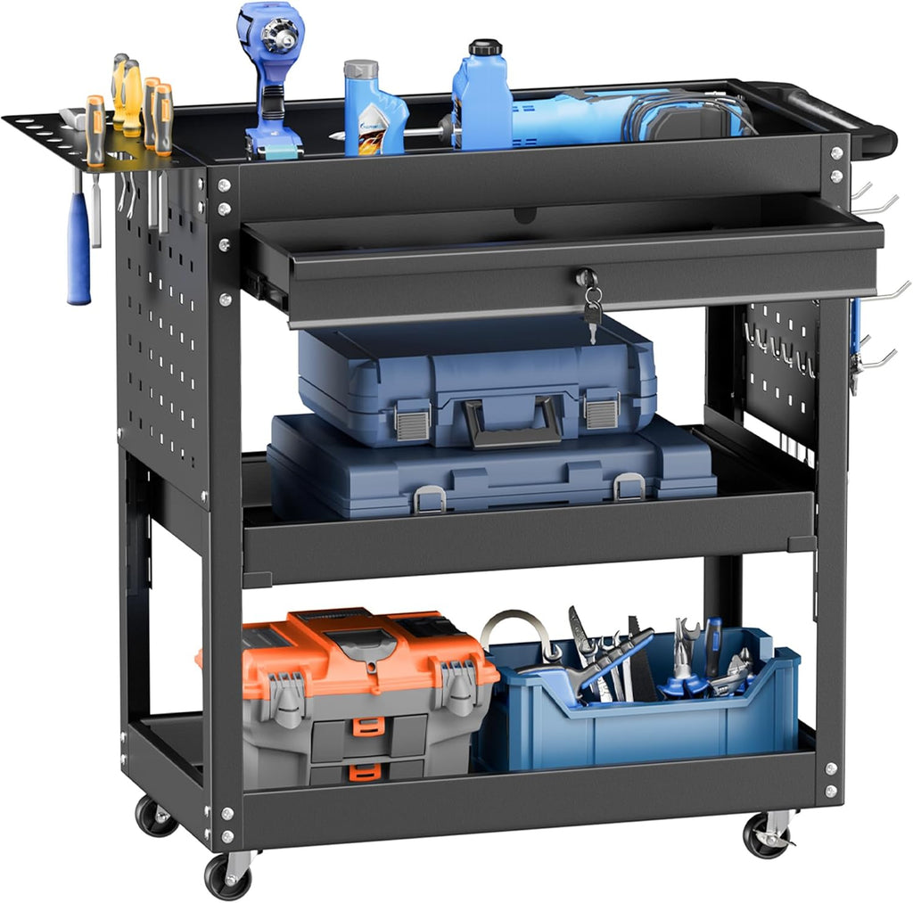 INTERGREAT Rolling Tool Cart, Heavy Duty Utility Cart on Wheels, Industrial Mechanic Carts with Drawers and Pegboard, 3-Tier Tool Storage Cart for Garage, Warehouse, Black