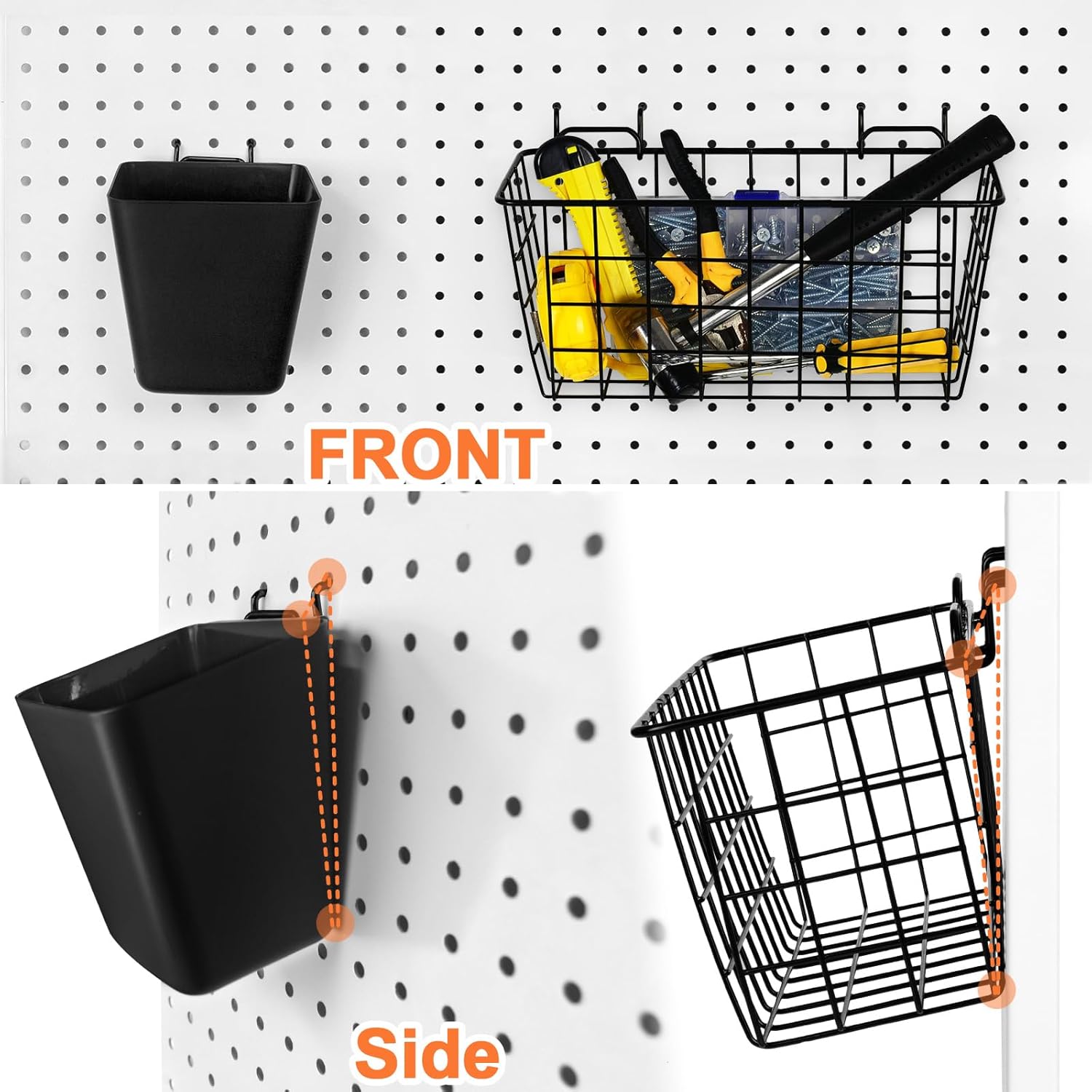 Pegboard Basket Organizers, Peg Board Large Baskets Hooks Bins Cups Tool Organizer 6 Pack Set, Wall Storage Display Hanging Accessories for Craft Office Stadio Shed Garage Organization (Black & Black)