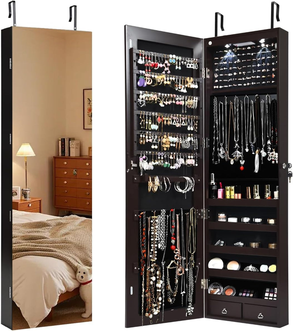 Giantex Wall Door Mounted Jewelry Armoire Cabinet with 47.5" H Full Length Mirror, 2 LEDs Lockable Jewelry Organizer Box with Bracelet Rod, 2 Drawers, Large Storage Capacity (Espresso)