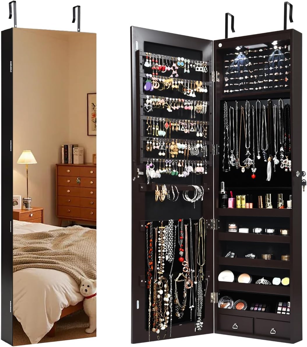 Giantex Wall Door Mounted Jewelry Armoire Cabinet with 47.5" H Full Length Mirror, 2 LEDs Lockable Jewelry Organizer Box with Bracelet Rod, 2 Drawers, Large Storage Capacity (Espresso)