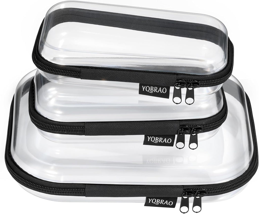 Clear Hard Shell Zipper Case 3 Pack, Hard Plastic Bag, Clear Travel Toiletry Pouch,Portable Cosmetic Bag with Zipper,Toy Storage Bins, Pencil Storage Organizer, Office Supplies Storage Case