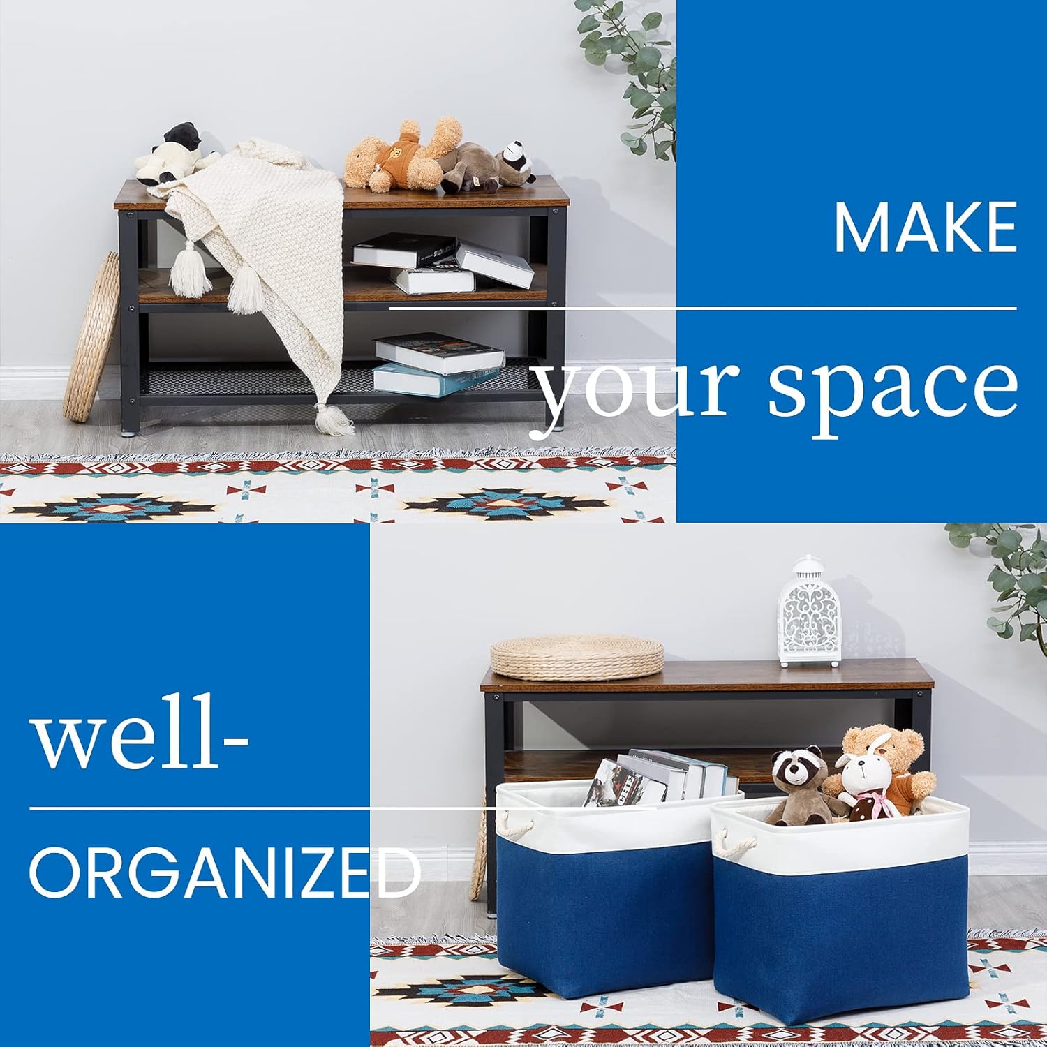 Bidtakay Large Canvas Organization Bins Set of 2 Navy Blue Rectangular Baskets 17x12x15 in for Blankets, Clothes, Towels, Dog Toys Storage