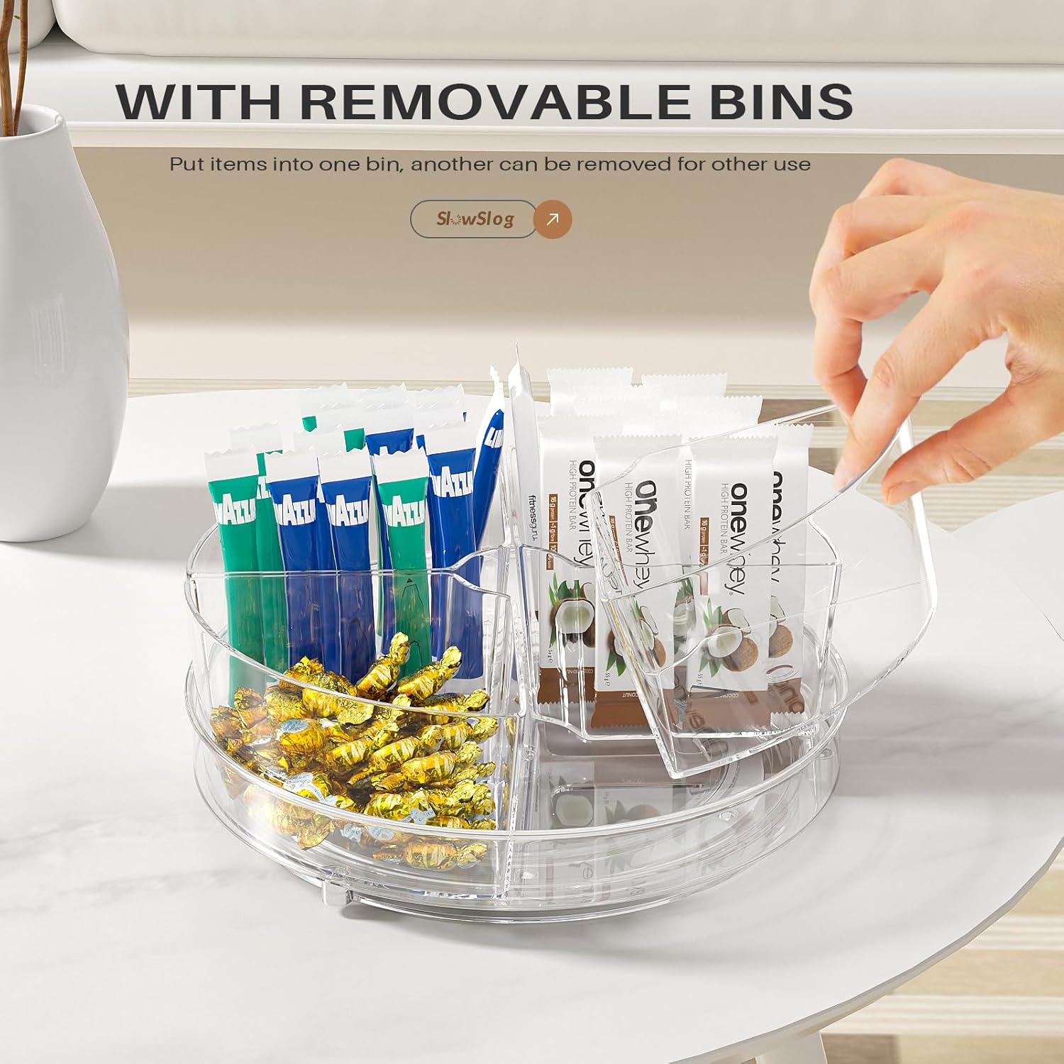 2 Pack Lazy Susan Organizer, 9 inch Rotating Storage Organizer with 4 Removable Bins, Lazy Susan Turntable Organizer for Fridge, Kitchen, Vanity, Cabinet