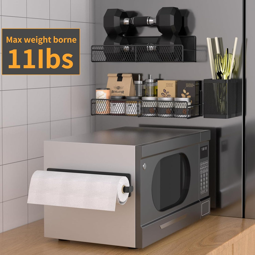 Magnetic Spice Rack for Refrigerator, 6 Pack 100% Metal Strong Magnet Shelf Black, Space Saving Spice Organizer, Home Kitchen Laundry Room Storage Organization W/ Paper Towel Holder, Utensils Racks