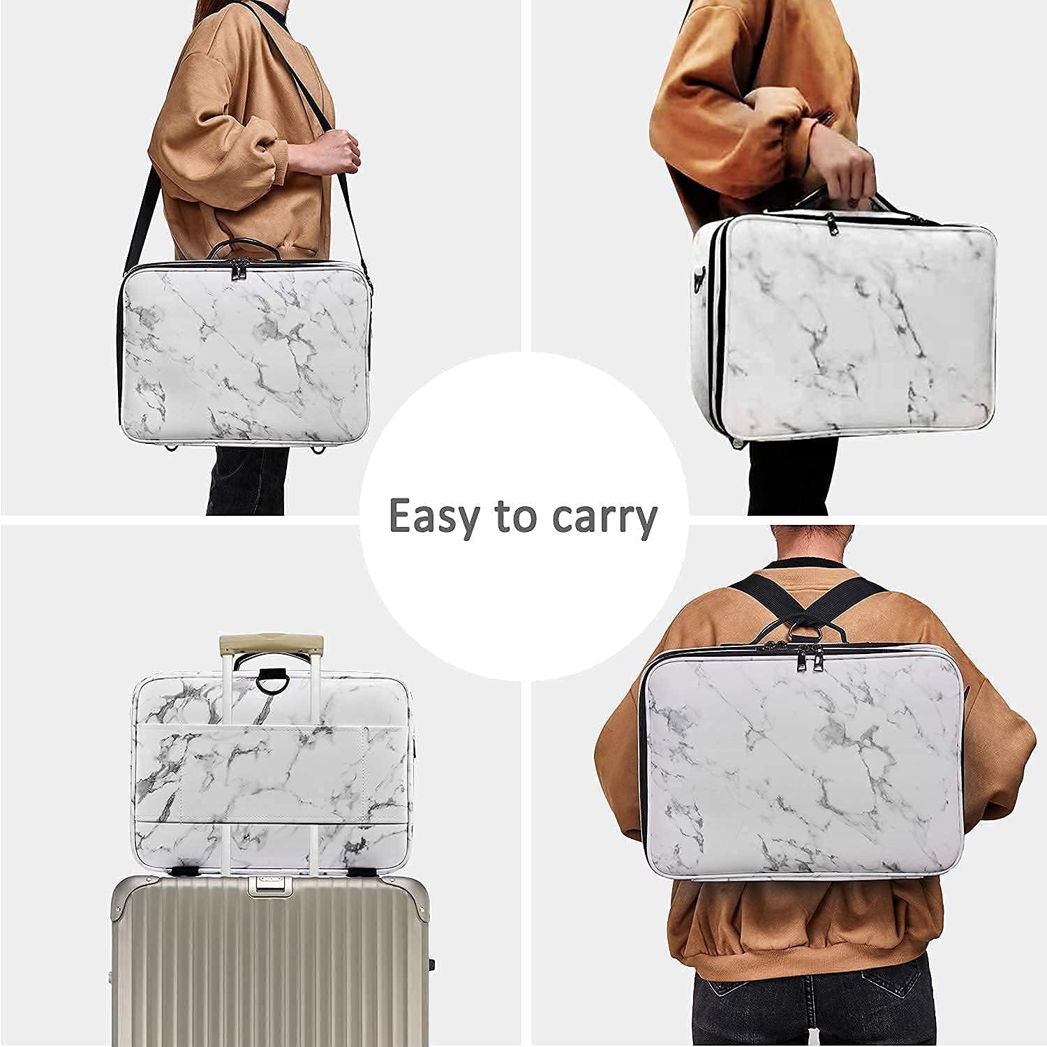 JOURMON Travel Makeup Train Case,Large Capacity Cosmetic Bags for Women,Portable Makeup Bag Organizer with Adjustable Dividers & Shoulder Strap(Marble White, Large)