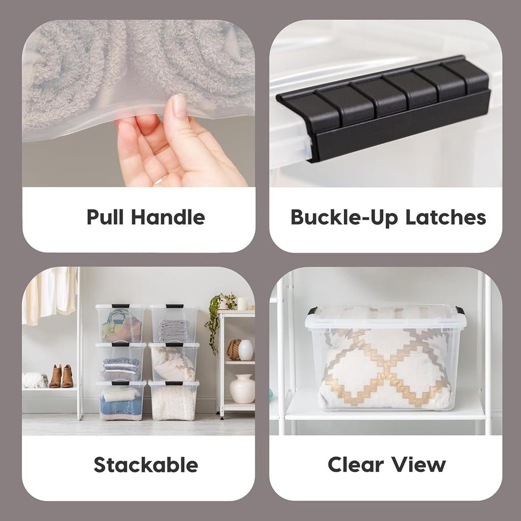 IRIS USA 40 Qt Stackable Plastic Storage Bins with Lids, 4 Pack - BPA-Free, Made in USA - See-Through Organizing Solution, Latches, Durable Nestable Containers, Secure Pull Handle - Clear