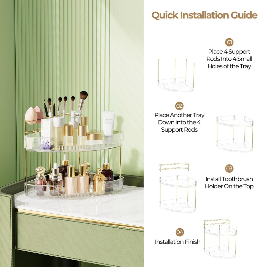 FELIZHOUSE 2-Tier Makeup Organizer for Vanity & Bathroom Countertop – Acrylic Storage Shelf with Perfume Tray & Makeup Brush Holder, Tool-Free Installation, Design for Bathroom & Dresser - Clear