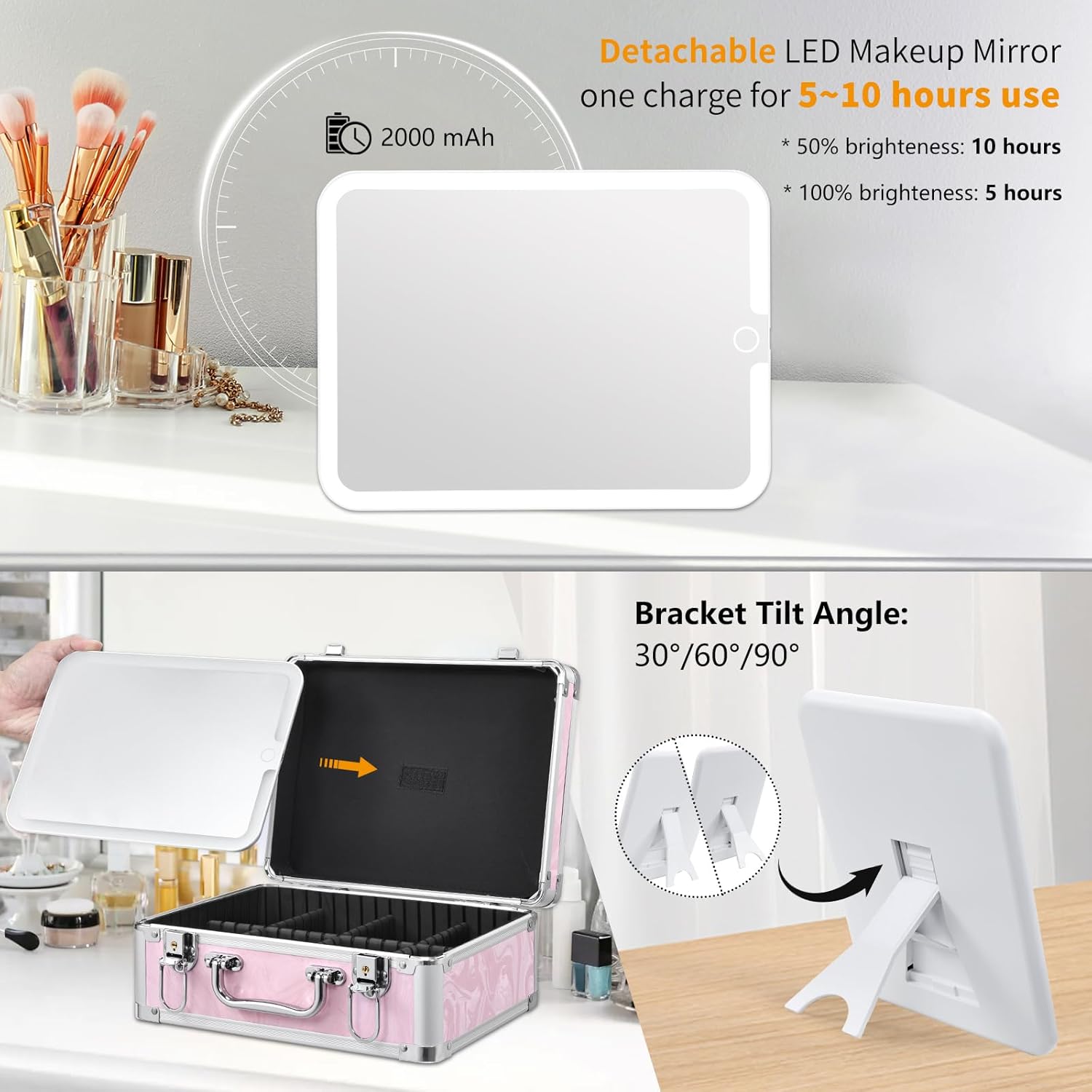 Makeup Case with LED Mirror - Pink Fluid-Color Makeup Box with Detachable Lighted Mirror, Travel Cosmetic Train Case Organizer with Adjustable Dividers and Tool Panel for Brushes