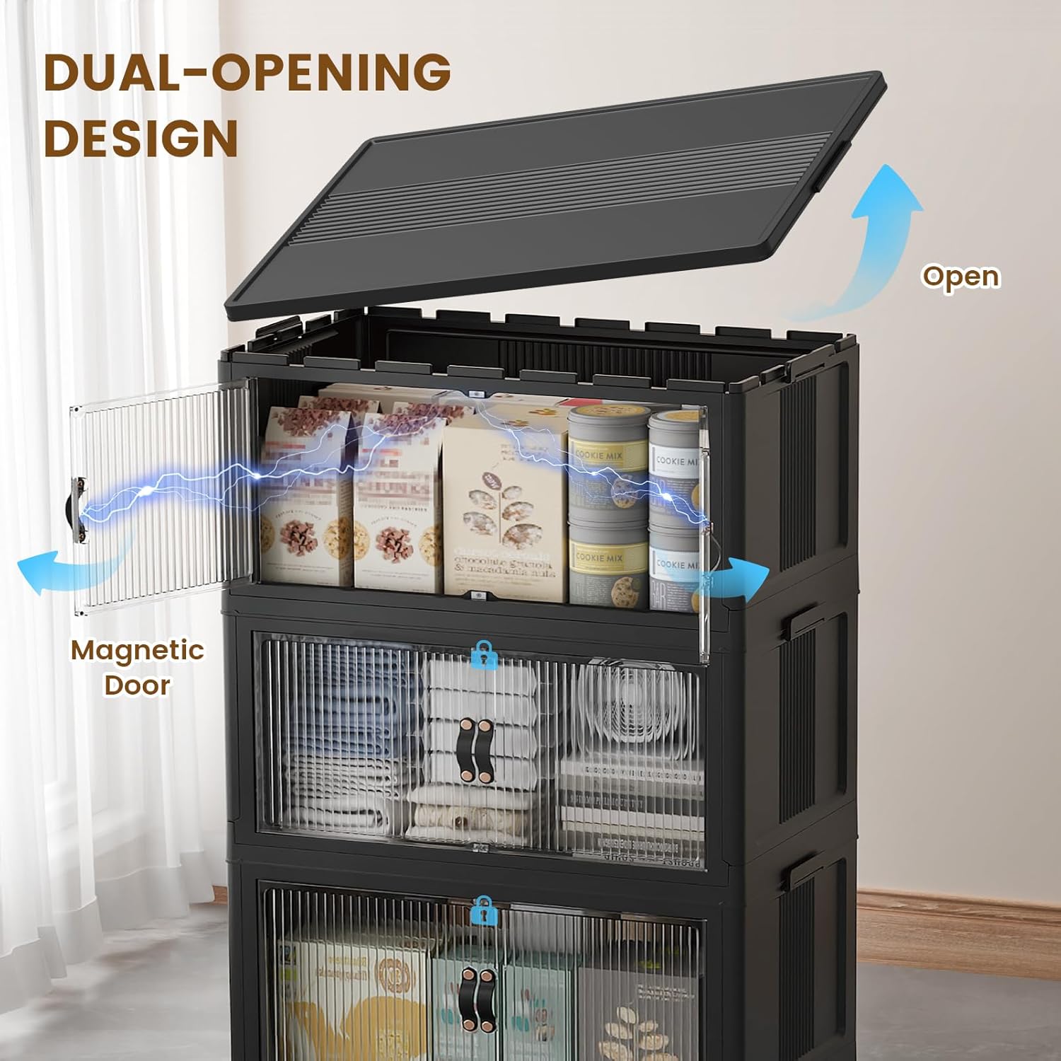 SAILUN 127Gal/508Qt Stackable Storage Bins Folding Collapsible Storage Bins with Lid, Closet Organizers and Storage Box with Door Black 28" W x 17" D x 61" H