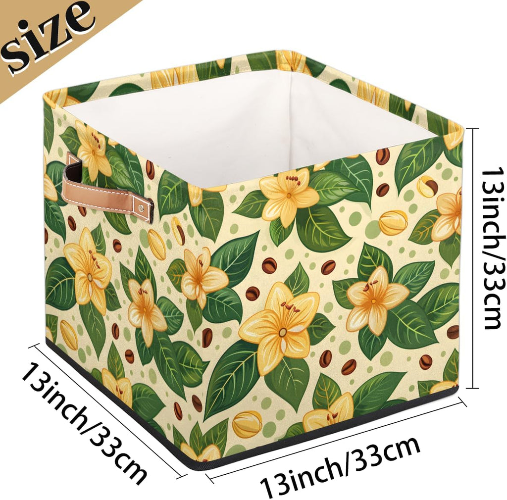 TropicalLife 13x13x13 Inch Large Fabric Storage Cube Yellow Flower Foldable Storage Bin with Handles Organizer Boxes Cube Basket for Shelves Organizing Closet