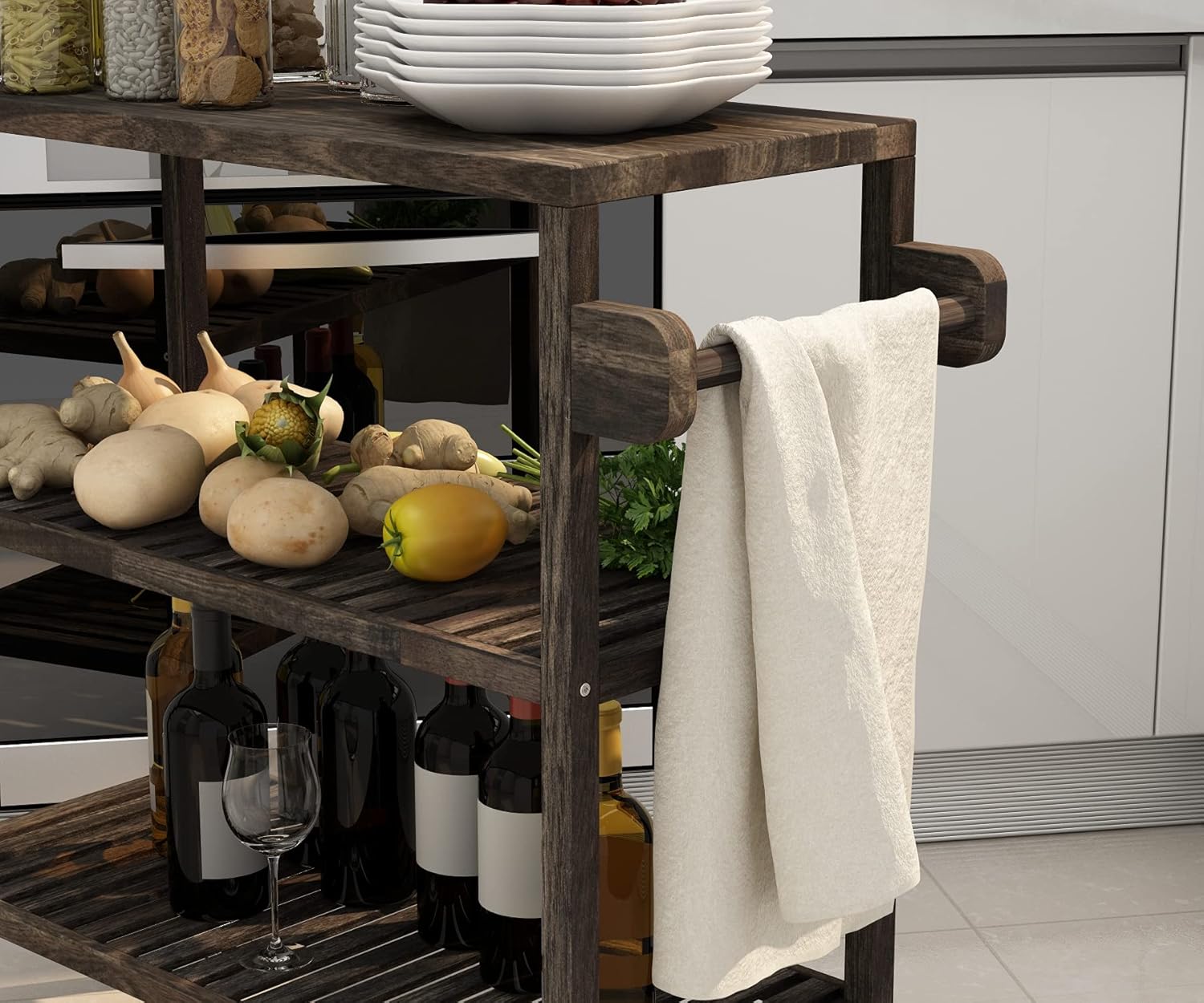 Interbuild 3 Tier Acacia Hardwood Kitchen Cart, Portable Rolling Trolley Cart Kitchen Storage Utility Cart with Towel Rack (Espresso)