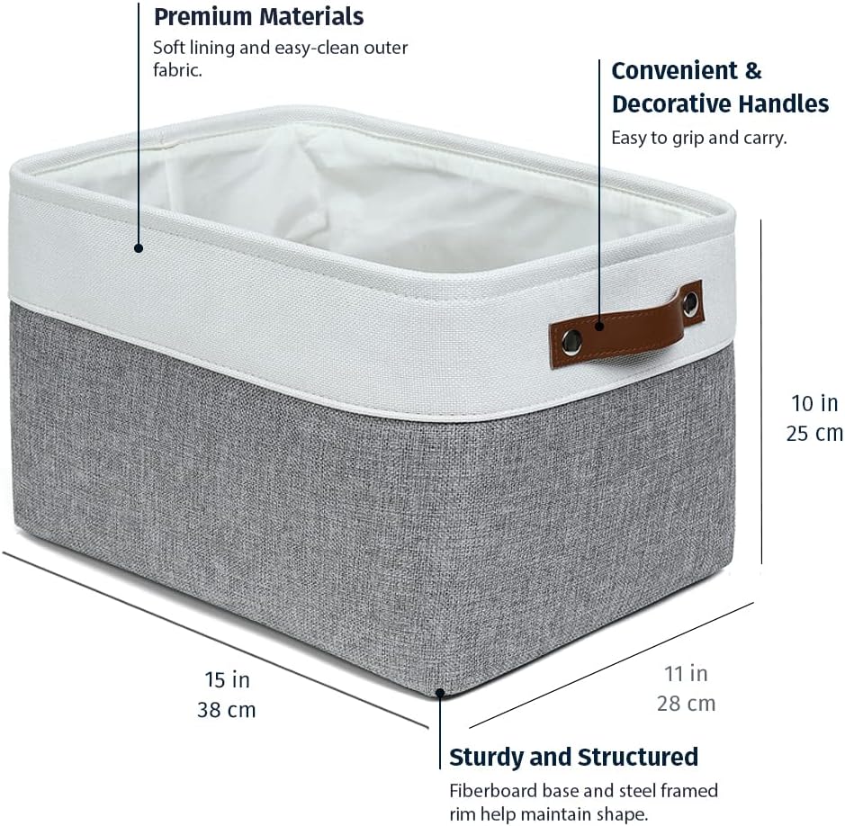 OrganiHaus Large Fabric Storage Baskets for Shelves 3 Pack, 15x11in Closet Storage Bins for Shelves, Canvas Baskets for Organizing, Linen Closet Organizers, Cloth Basket, Gray/Off-White