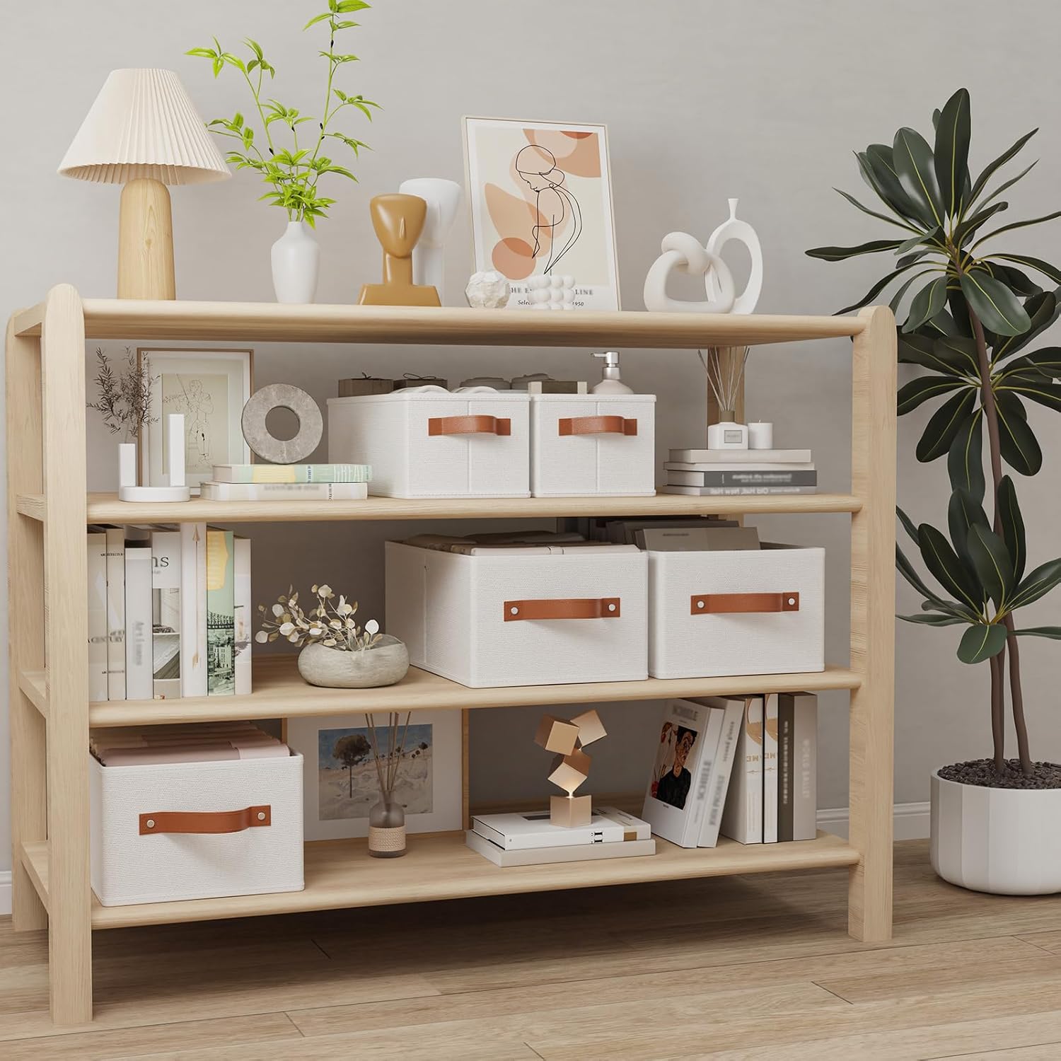 OUTBROS Wardrobe Storage Boxes, Fabric Foldable Bins, Cube Baskets With Handles, Collapsible Organiser For Bedrooms, Living Rooms, Shelves, White, 15 x 6.1 x 5.1 inch, 3-Pack