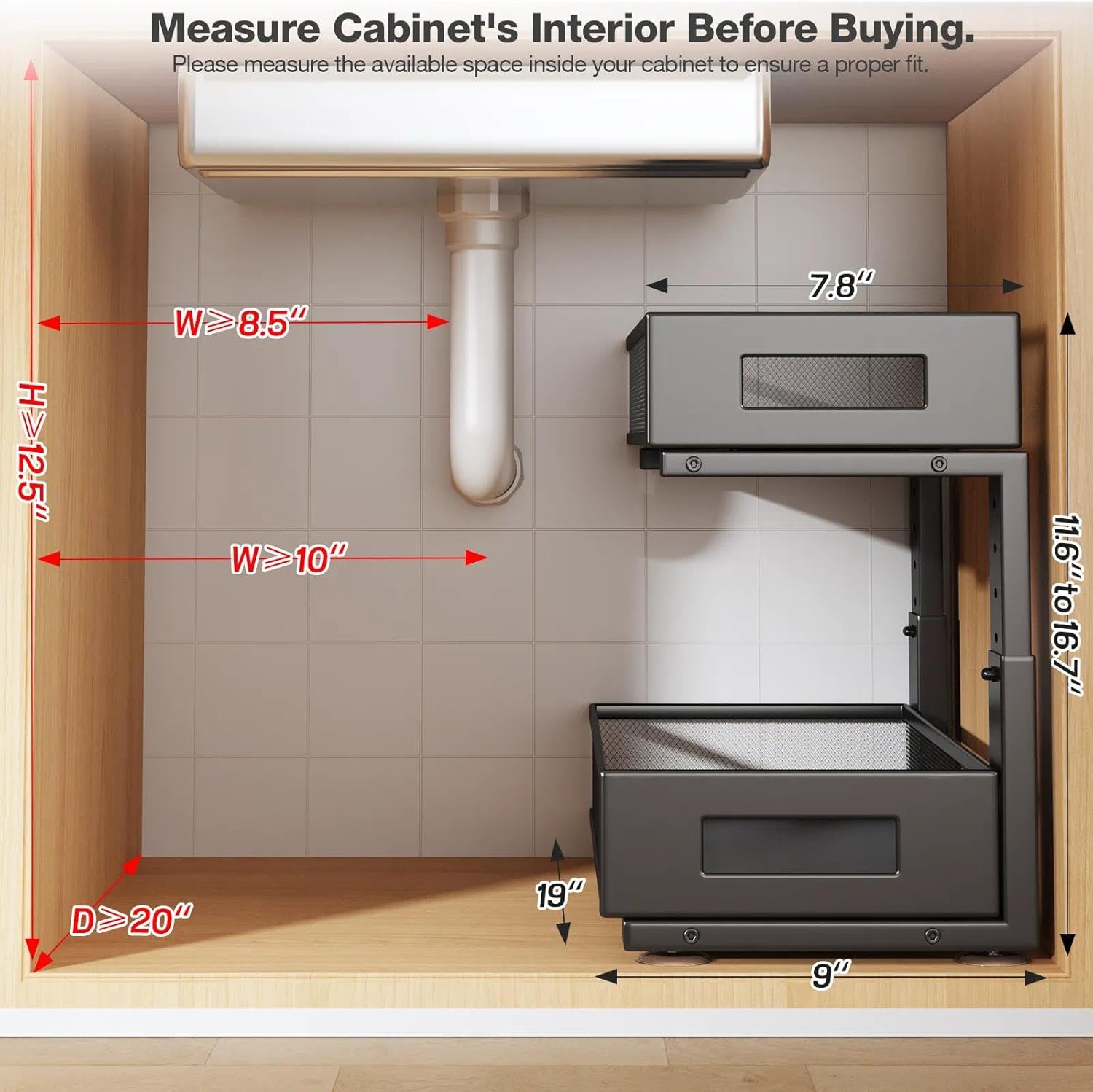 1 Pack 19IN Depth Under Sink Organizer, 2-Tier Pull Out Cabinet Organizer With Smooth Circular Rail, Large Capacity Metal Mesh Sliding Drawers For Bathroom& Kitchen Storage,Height Adjustable-Black