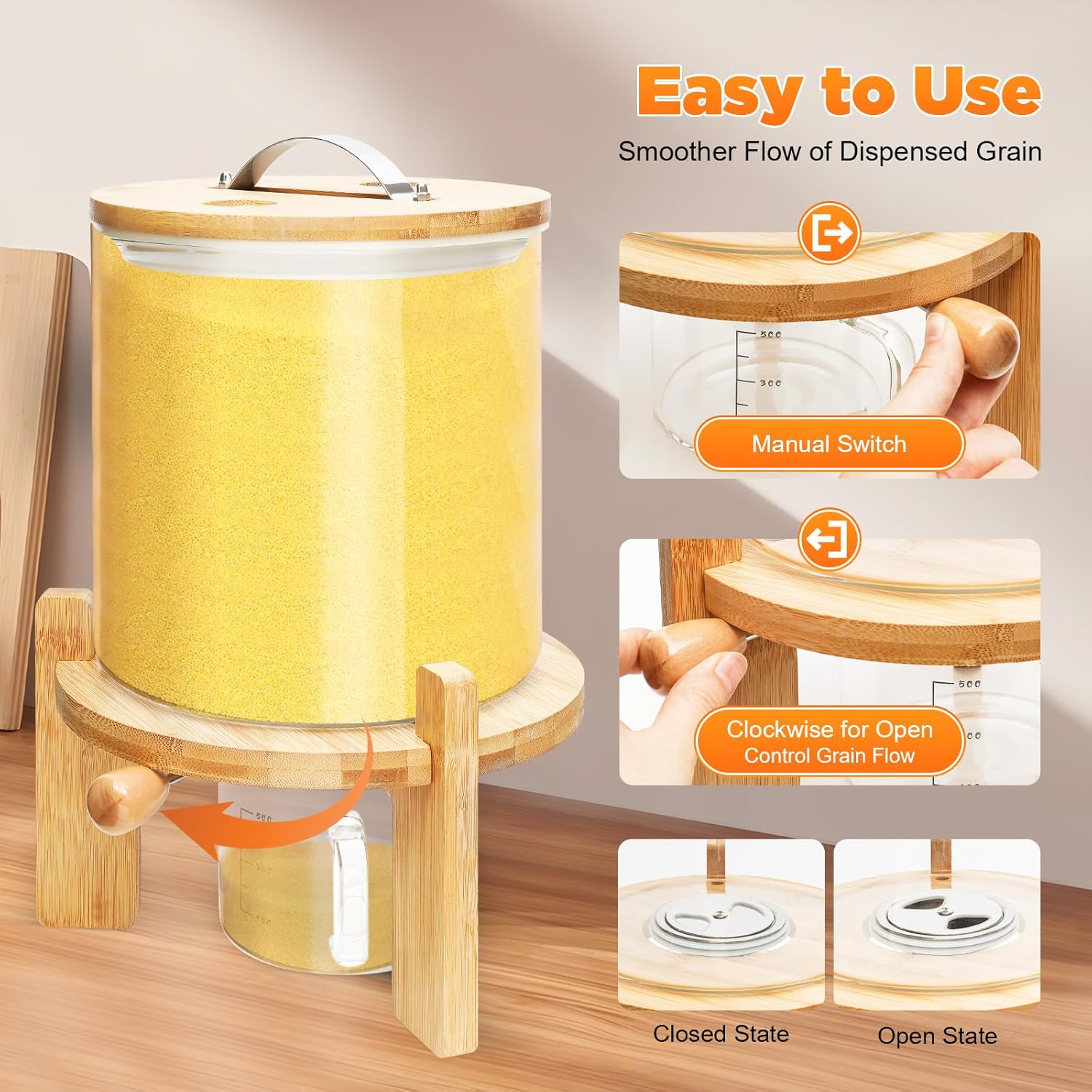 1.32gal Glass Rice Dispenser with Wooden Stand Flour and Cereal Container with Glass Measuring Cup Pantry Food Organization Storage Bin with Airtight Bamboo Lid for Coffee Beans Dry Food
