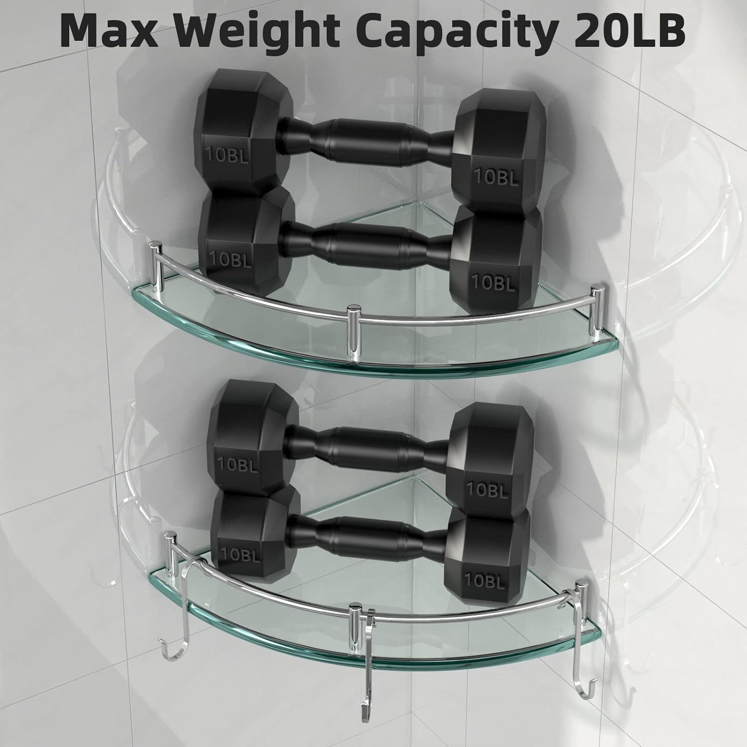 Glass Shower Shelves, Glass Bathroom Corner Shelf Wall Mounted Shelf Shampoo Holder Organizer Extra 8MM Thick Corner Shelves for Inside Shower with 3 Hooks