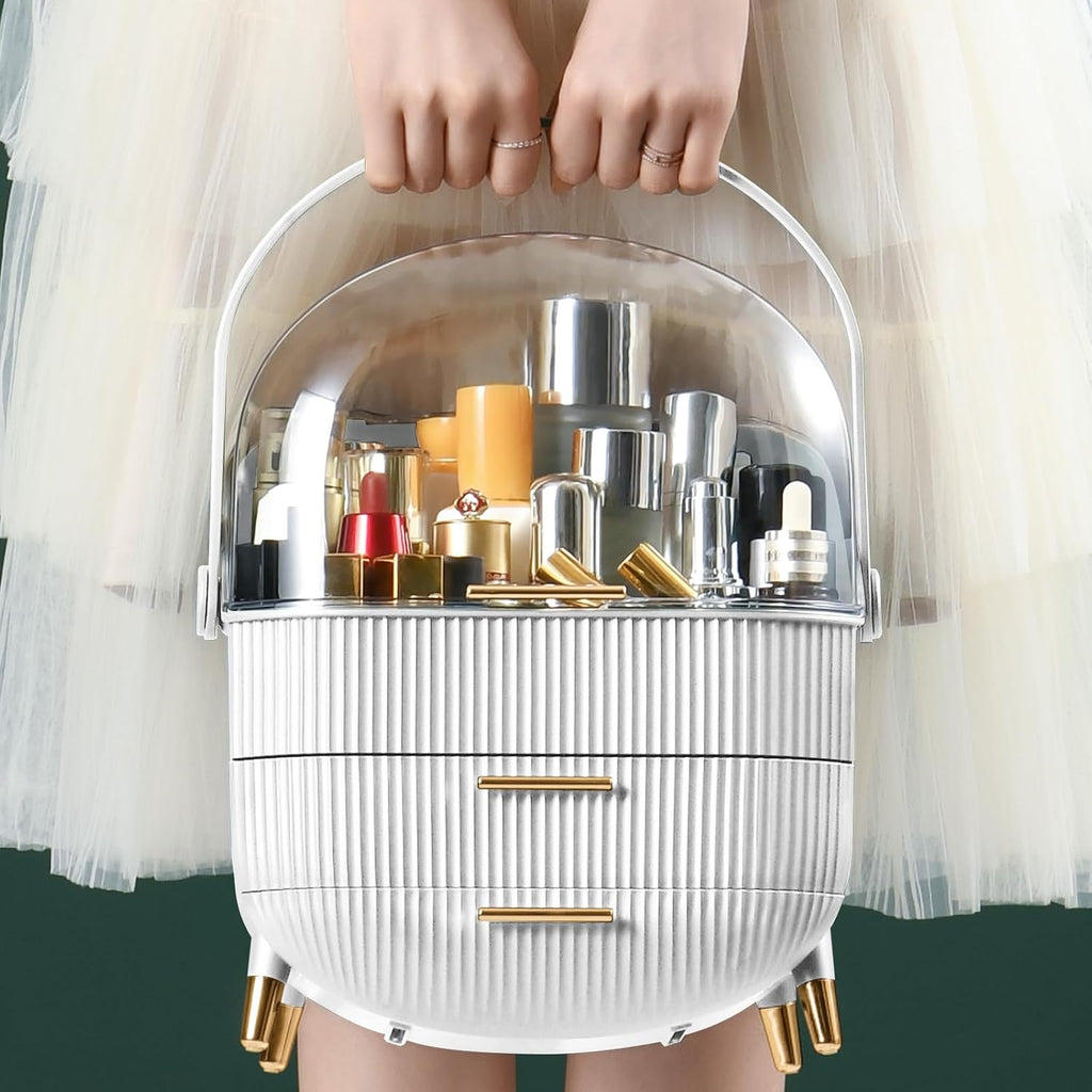 CANITORON Makeup Organizer,Skincare Organizer with 2 Drawers and Brush Storage Box,Lipstick Holder,Cosmetic Display Case for Vanity Organizer and Bathroom Countertop Storage.(White)