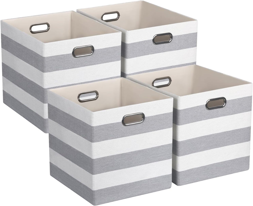 13x13x13 Storage Cube Bins, Foldable Storage Cubes Cubby Baskets Organizer Cloth Bins for Cube Storage Organizing Shelf Closet, Pack of 4, Gray/White Stripe
