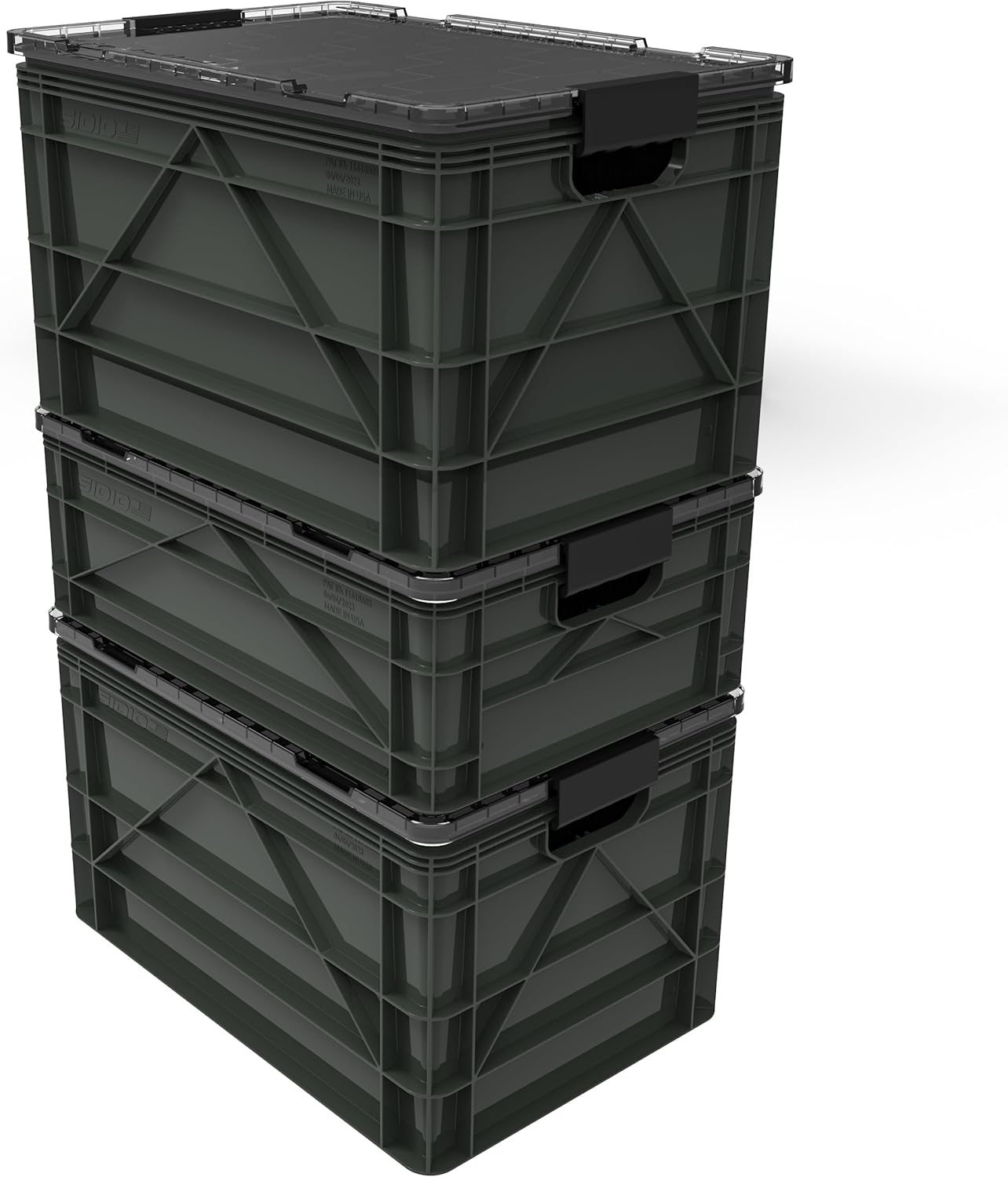 SIDIO CRATE Pro Pack - Two Full Size and One Half Size Heavy Duty Stackable Storage Bins, Totes and Containers with Lids and Dividers - Durable Organizer for Home, Office, Garage, and Outdoor Use
