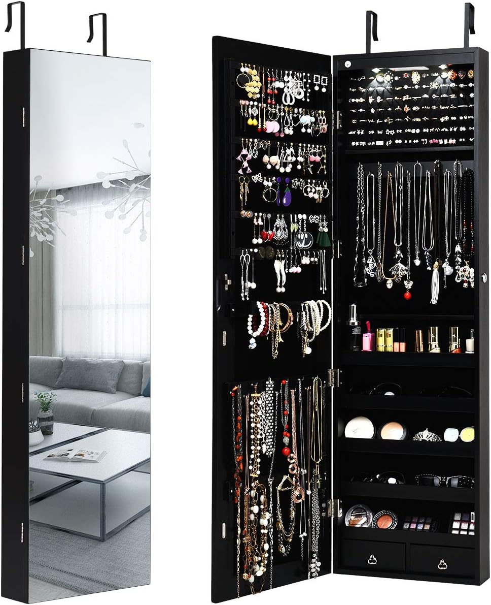 Giantex Wall Door Mounted Jewelry Armoire Cabinet with 47.5" H Full Length Mirror, 2 LEDs Lockable Jewelry Organizer Box with Bracelet Rod, 2 Drawers, Large Storage Capacity (Black)