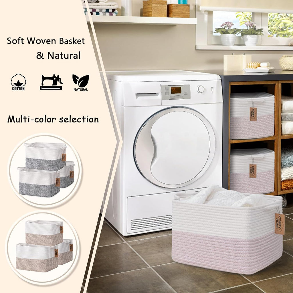 COMFY-HOMI 3PACK Cotton Rope Square baske with Handles for Shelves|Dog Toy baske Bin and Storage|Baby baske for Gift|Shoe baske for Organizing|13.5" x 11" x 9.5" for Living Room（White/Pink）