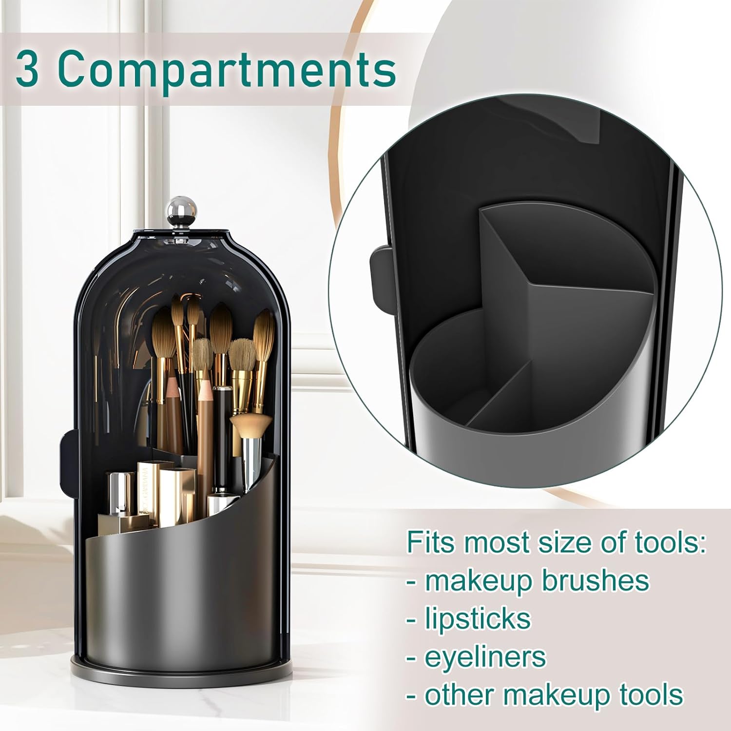 GAXmi Makeup Brush Holder with Lid Cosmetic Tools Organizer 360 Rotating Waterproof Dustproof Beauty Brushes Storage for Vanity, Dark Black