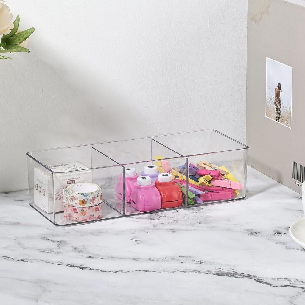 Acrylic Makeup Brush Organizers,1 Pack 3 Section 3 Compartments Transparent Plastic Lipstick Holder Clear 9.13x3.54x2.36 Inches Storage Square Cube for Bathroom Jewelry Accessories