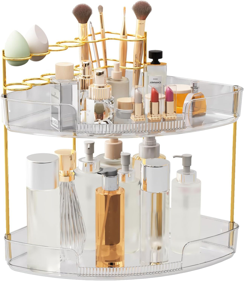FELIZHOUSE 2-Tier Makeup Organizer for Vanity & Bathroom Countertop – Acrylic Storage Shelf with Perfume Tray & Makeup Brush Holder, Tool-Free Installation, Design for Bathroom & Dresser - Clear