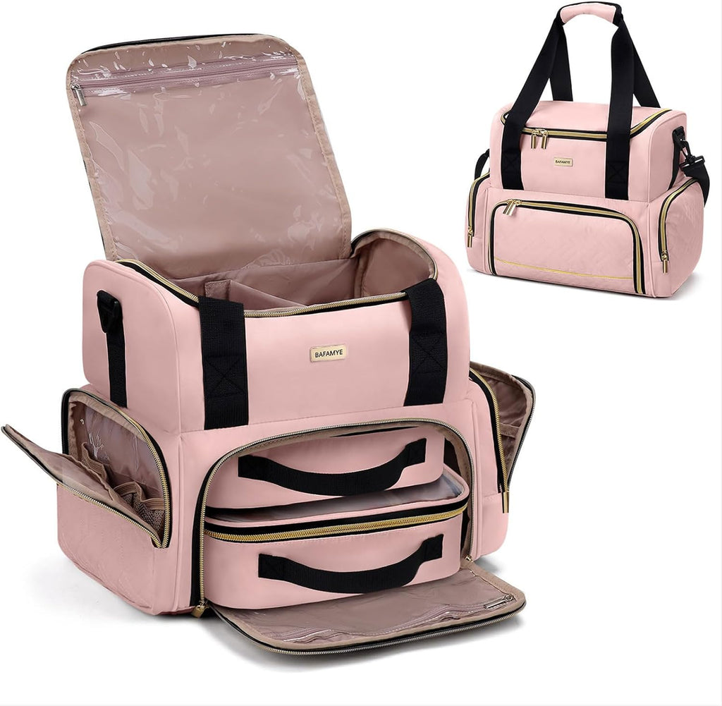 Large Makeup Cosmetic Bag with 2 Removable Case, Double Layer Travel Makeup Organizer Case, travel Toiletry Bag For Women, Pink