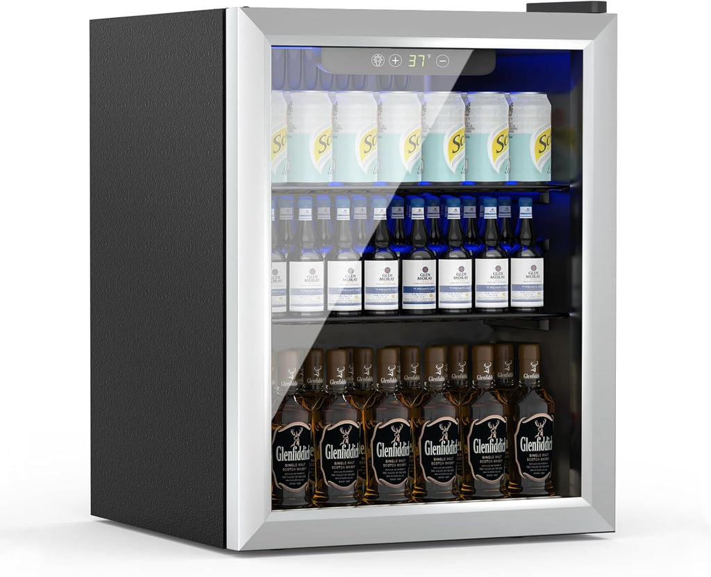 1.6 Cubic Feet Mini Fridge, 70 Can Freestanding Beverage Refrigerator with Glass Front Door for Soda, Beer Under Counter Small Refrigerator with Adjustable Shelves and Digital Display(Silver)